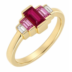 deco style five 5 stone cluster ring baguette cut ruby pink sapphire bar set diamond designer platinum gold