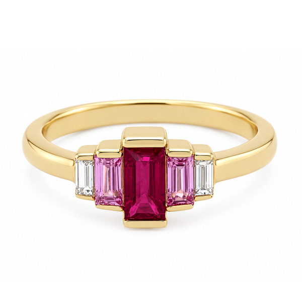 deco style five 5 stone cluster ring baguette cut ruby pink sapphire bar set diamond designer platinum gold