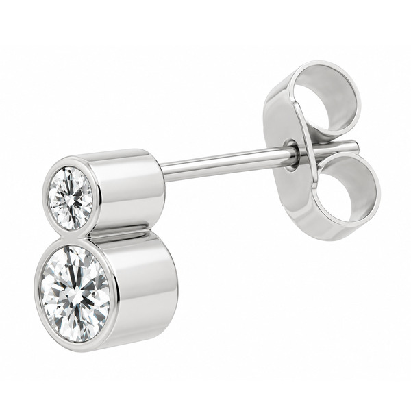 rubover style classic drop earrings round brilliant cut diamond smaller diamond set above platinum gold
