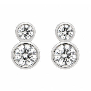 rubover style classic drop earrings round brilliant cut diamond smaller diamond set above platinum gold
