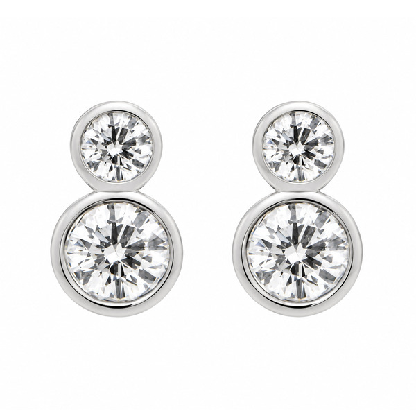 rubover style classic drop earrings round brilliant cut diamond smaller diamond set above platinum gold