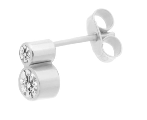 rubover style classic drop earrings round brilliant cut diamond smaller diamond set above platinum gold