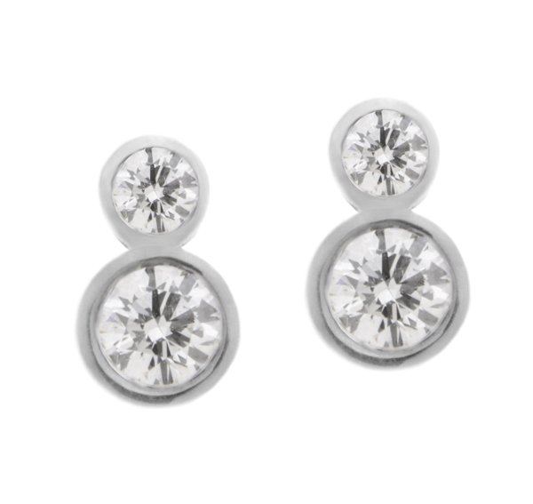 rubover style classic drop earrings round brilliant cut diamond smaller diamond set above platinum gold