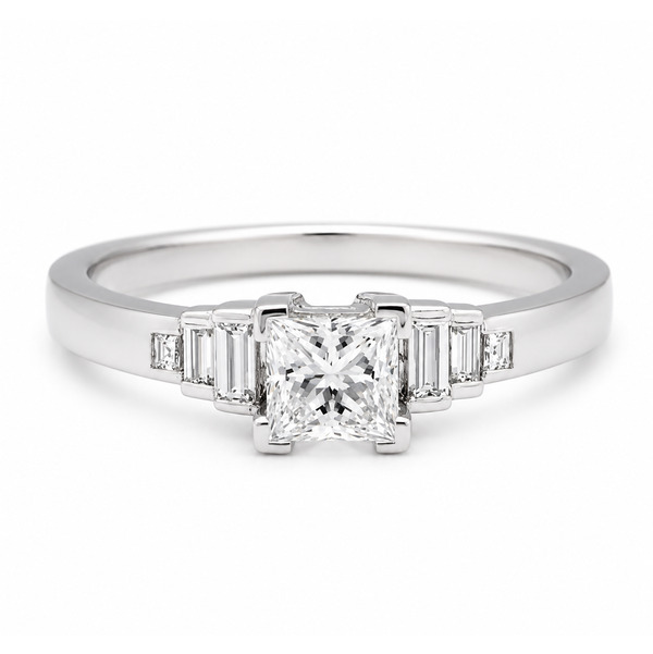 Modern classic art deco style ring princess cut diamond stepped graduated baguette cut diamonds engagement dress platinum gold
