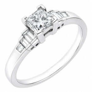 Modern classic art deco style ring princess cut diamond stepped graduated baguette cut diamonds engagement dress platinum gold