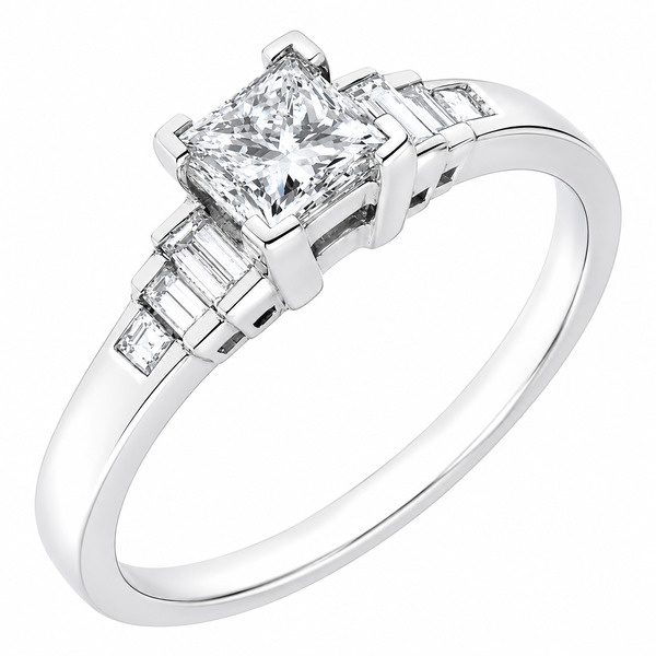 Modern classic art deco style ring princess cut diamond stepped graduated baguette cut diamonds engagement dress platinum gold
