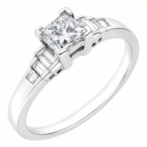 Modern classic art deco style ring princess cut diamond stepped graduated baguette cut diamonds engagement dress platinum gold