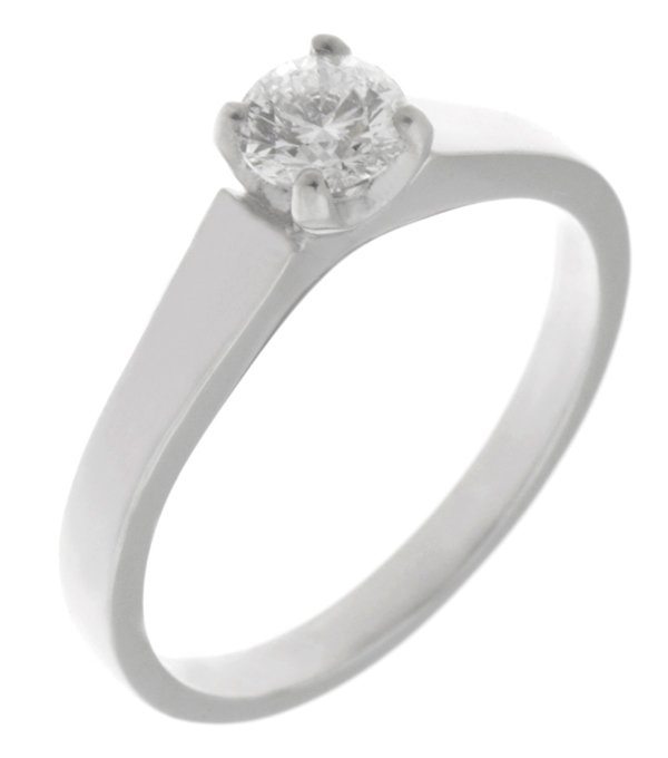 modern claw set round brilliant cut diamond solitaire engagement ring with flat shoulders Platinum gold