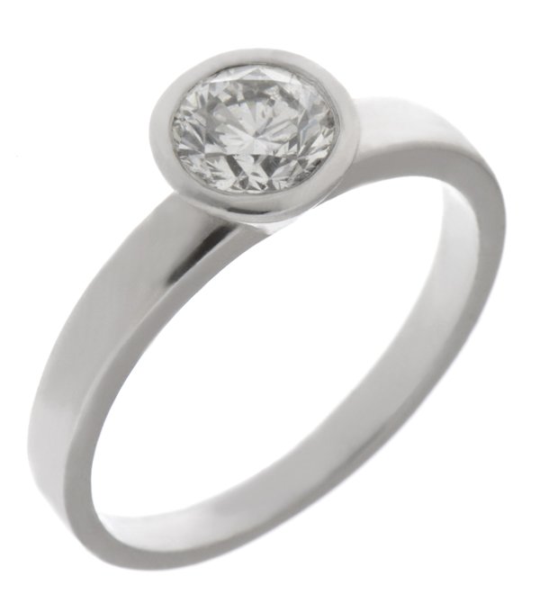 Modern classic rubover set contemporary modernist round brilliant cut natural diamond engagement ring in platinum gold