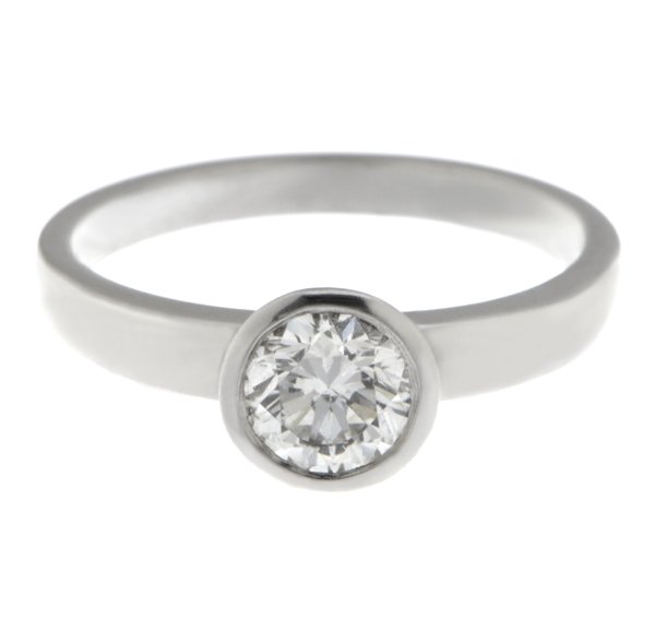 Modern classic rubover set contemporary modernist round brilliant cut natural diamond engagement ring in platinum gold