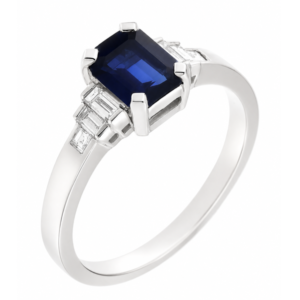 1920's Art Deco style ring octagon shaped emerald cut blue sapphire baguette cut diamond platinum gold