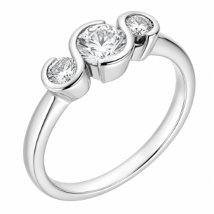 modern contemporary design rubover trilogy style ring round brilliant cut diamonds 3 three stone platinum gold