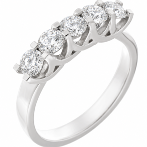 chunky contemporary style five stone round brilliant cut diamond eternity ring modern claws platinum gold