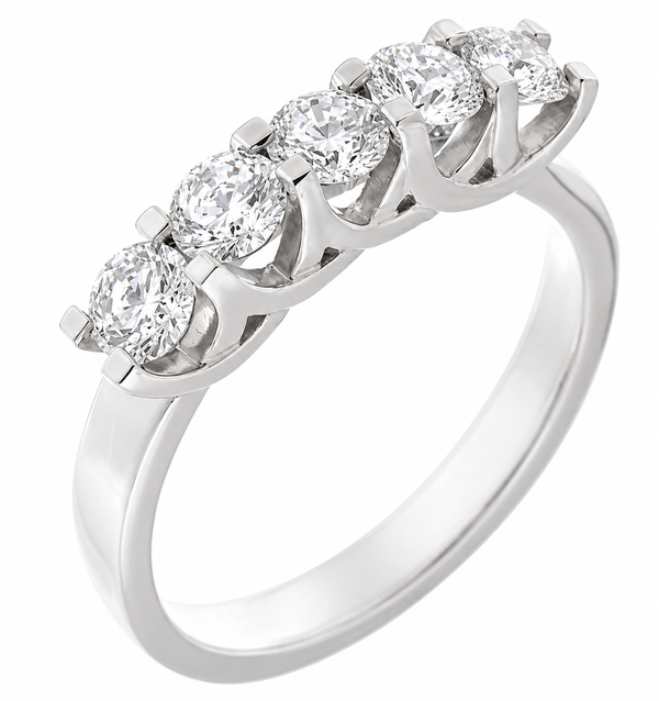 chunky contemporary style five stone round brilliant cut diamond eternity ring modern claws platinum gold