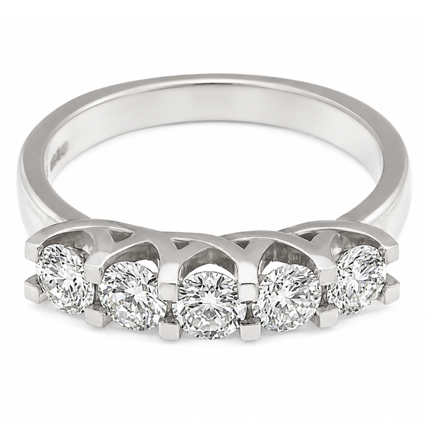 chunky contemporary style five stone round brilliant cut diamond eternity ring modern claws platinum gold