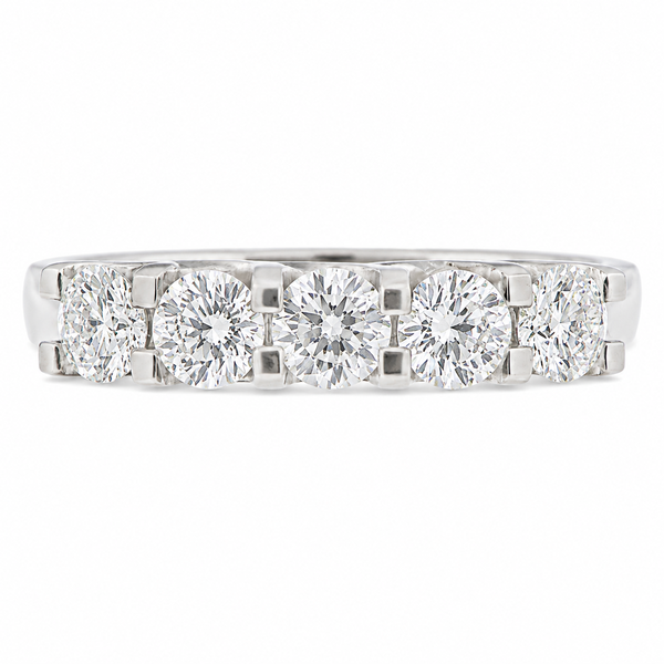 chunky contemporary style five stone round brilliant cut diamond eternity ring modern claws platinum gold