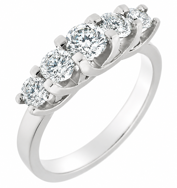 chunky contemporary style five stone graduated round brilliant cut diamond eternity ring modern claws platinum gold