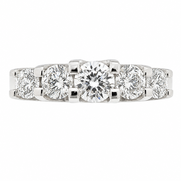 chunky contemporary style five stone graduated round brilliant cut diamond eternity ring modern claws platinum gold