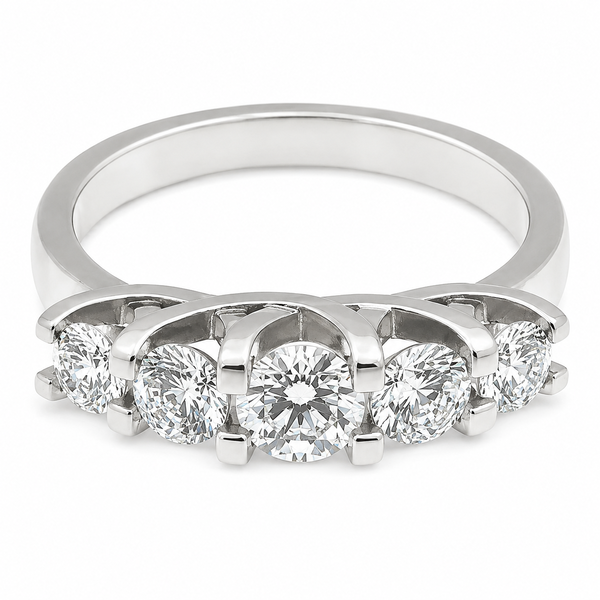 chunky contemporary style five stone graduated round brilliant cut diamond eternity ring modern claws platinum gold