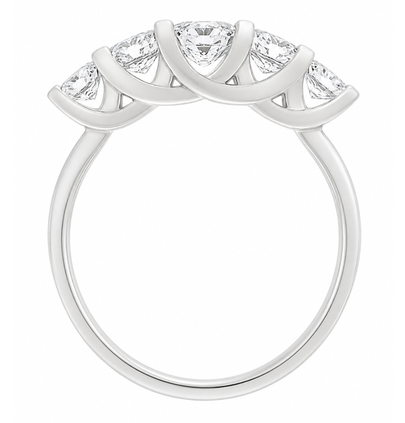 chunky contemporary style five stone graduated round brilliant cut diamond eternity ring modern claws platinum gold