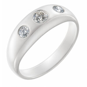 domed style gypsy ring trilogy burnish set round brilliant cut diamonds larger centre stone platinum gold