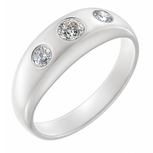 domed style gypsy ring trilogy burnish set round brilliant cut diamonds larger centre stone platinum gold