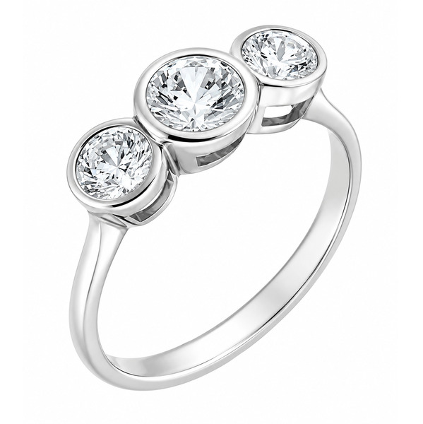 modern classic round brilliant cut diamond trilogy ring three 3 rubover rubbed over setting platinum gold