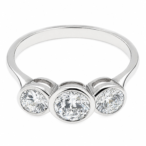 modern classic round brilliant cut diamond trilogy ring three 3 rubover rubbed over setting platinum gold