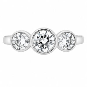 modern classic round brilliant cut diamond trilogy ring three 3 rubover rubbed over setting platinum gold