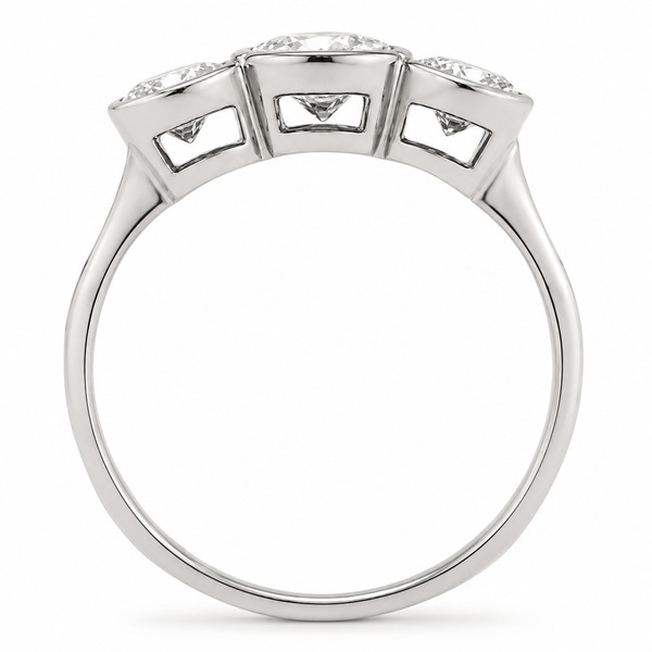 modern classic round brilliant cut diamond trilogy ring three 3 rubover rubbed over setting platinum gold