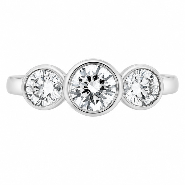 modern classic round brilliant cut diamond trilogy ring three 3 rubover rubbed over setting platinum gold