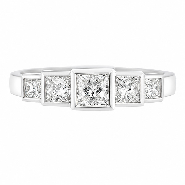 modern classic rubover set 5 five stone Art Deco Style Princess Cut diamond Graduated half eternity ring platinum gold