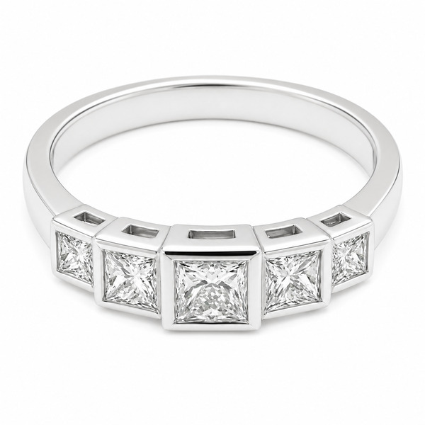 modern classic rubover set 5 five stone Art Deco Style Princess Cut diamond Graduated half eternity ring platinum gold