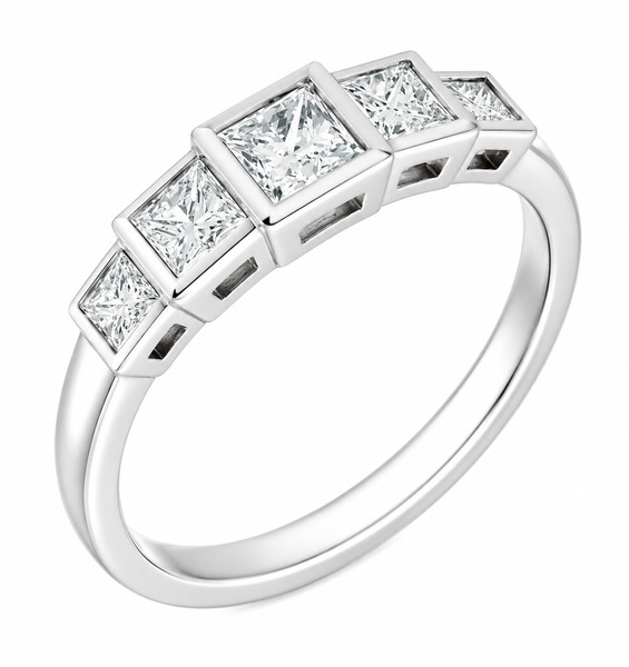 modern classic rubover set 5 five stone Art Deco Style Princess Cut diamond Graduated half eternity ring platinum gold