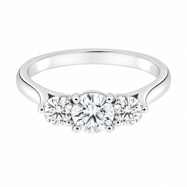 claw set round brilliant cut diamond trilogy ring kiss style under setting modern classic claw set platinum gold