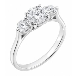 claw set round brilliant cut diamond trilogy ring kiss style under setting modern classic claw set platinum gold