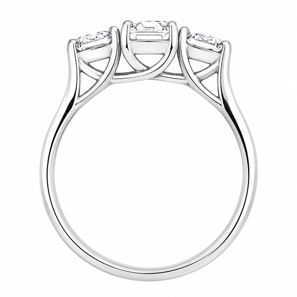 claw set round brilliant cut diamond trilogy ring kiss style under setting modern classic claw set platinum gold
