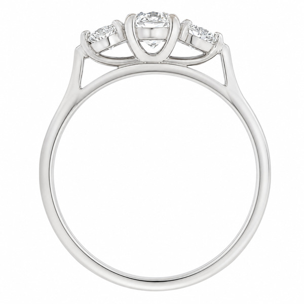 modern classic trilogy 3 stone ring round brilliant cut diamond platinum gold three four claw set