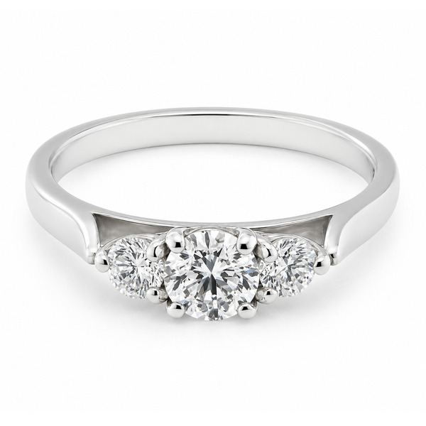 modern classic trilogy 3 stone ring round brilliant cut diamond platinum gold three four claw set
