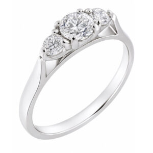 modern classic trilogy 3 stone ring round brilliant cut diamond platinum gold three four claw set