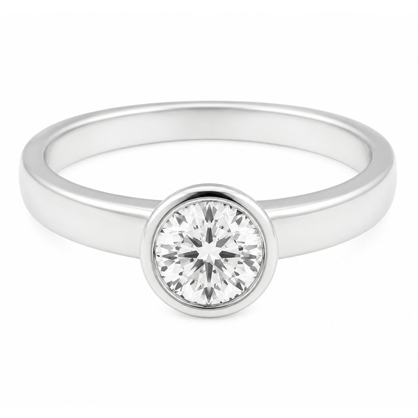 modern solitaire rubover round brilliant cut diamond engagement ring flat shoulder lab grown platinum gold