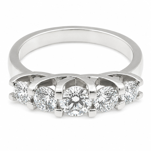 chunky contemporary style five stone graduated round brilliant cut diamond eternity ring modern claws platinum gold