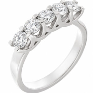 chunky contemporary style five stone round brilliant cut diamond eternity ring modern claws platinum gold