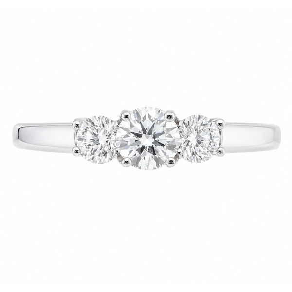 classic trilogy style ring round diamond centre stone & two round brilliant cut diamonds claw set setting gold platinum