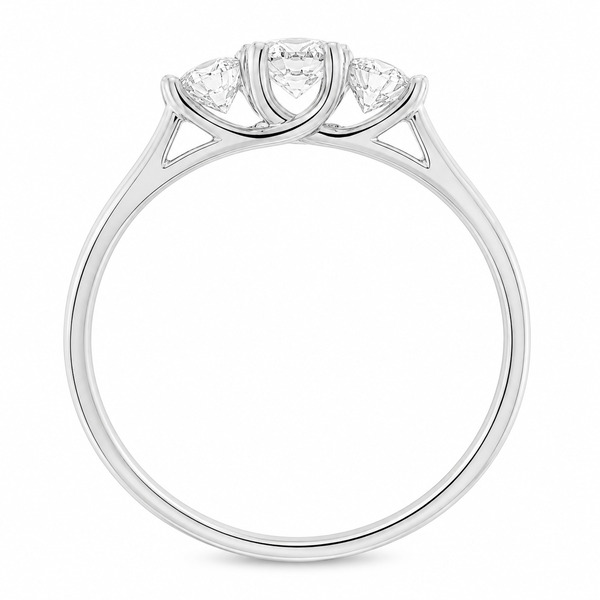 classic trilogy style ring round diamond centre stone & two round brilliant cut diamonds claw set setting gold platinum