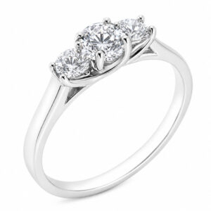 classic trilogy style ring round diamond centre stone & two round brilliant cut diamonds claw set setting gold platinum