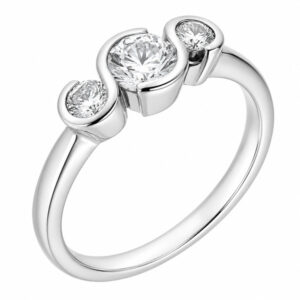 modern contemporary design rubover trilogy style ring round brilliant cut diamonds 3 three stone platinum gold