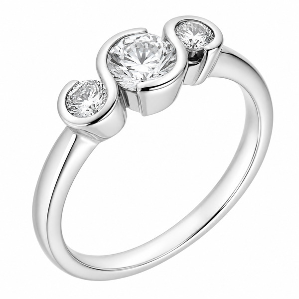 modern contemporary design rubover trilogy style ring round brilliant cut diamonds 3 three stone platinum gold