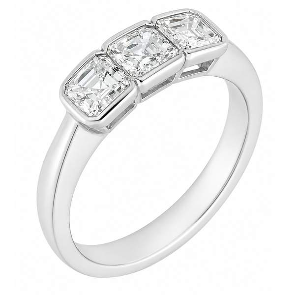 1920's modern classic Art Deco style rubover set Asscher modified square emerald cut diamond trilogy ring platinum gold