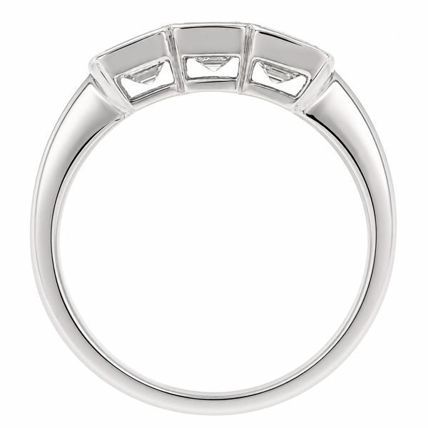 1920's modern classic Art Deco style rubover set Asscher modified square emerald cut diamond trilogy ring platinum gold
